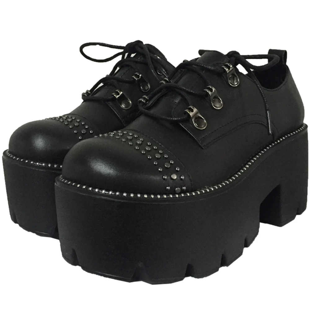

Women Shoes Punk Dark Thick Bottom Cake Single Shoes Cool Thin Skinny Harajuku Shoes Rivet Black Gothic Punk Girl Shoes Fashion