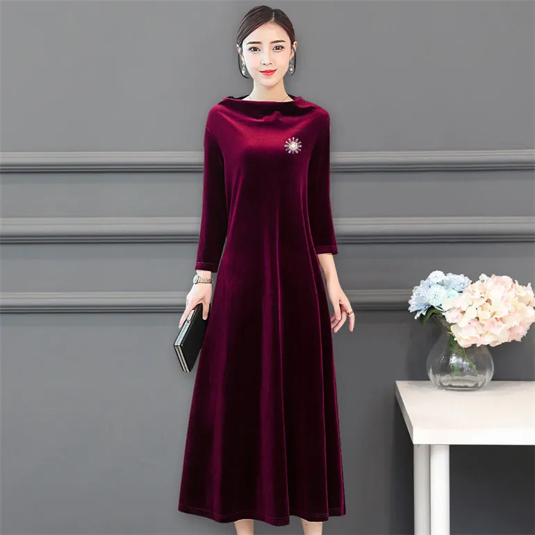 

French Elegant Long Sleeve winter Velvet Dresses grance office lady slash neck velour dress Autunm maxi dress -
