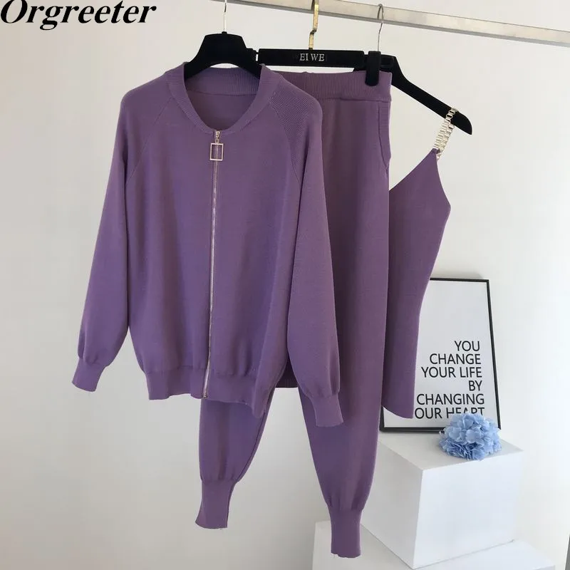 Women Knitted 3 Piece Set Fall Winter New Casual Tracksuit Vest + Zipper Cardigans Pants Outfits Trousers Sets |