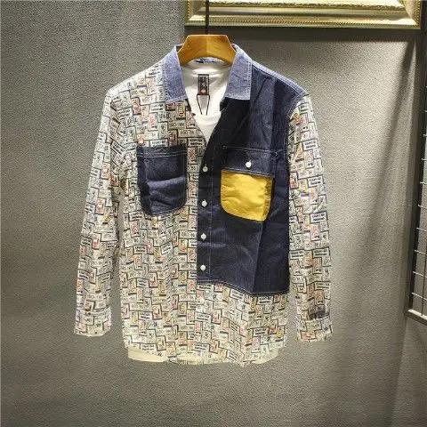 

European Station Designer Fancy Long-Sleeved Shirt Men's Contrast Color Pocket Shirt Slim Top Men