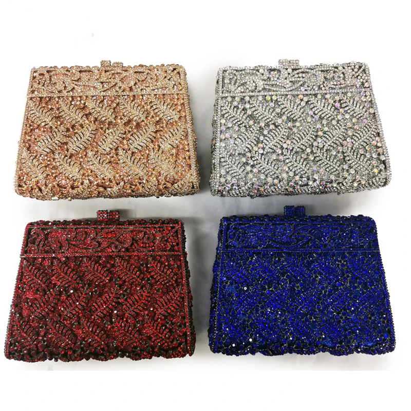 

New 2021 Silver/Blue/Red Crystal Clutch Purse Evening Bags Wedding Bridal Clutches Women Chain Handbags Leaves Phone Wallets