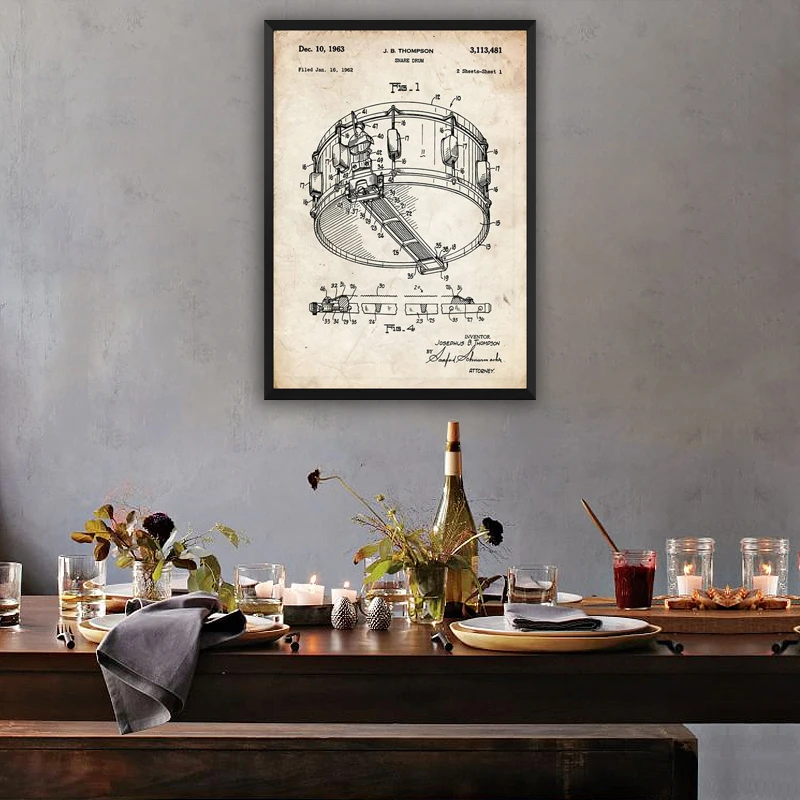 

Vintage Snare Drum 1963 Patent Wall Music Teacher Blueprint Poster Canvas Painting Print Wall Décor Living Home Art