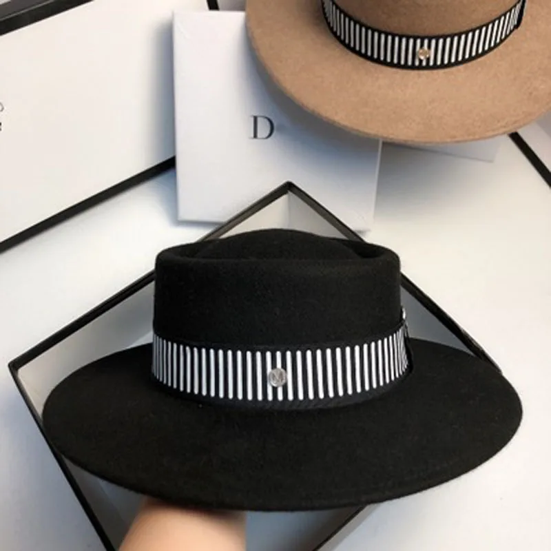 Fashion simple wool% concave top hat, black and white striped sun hat.