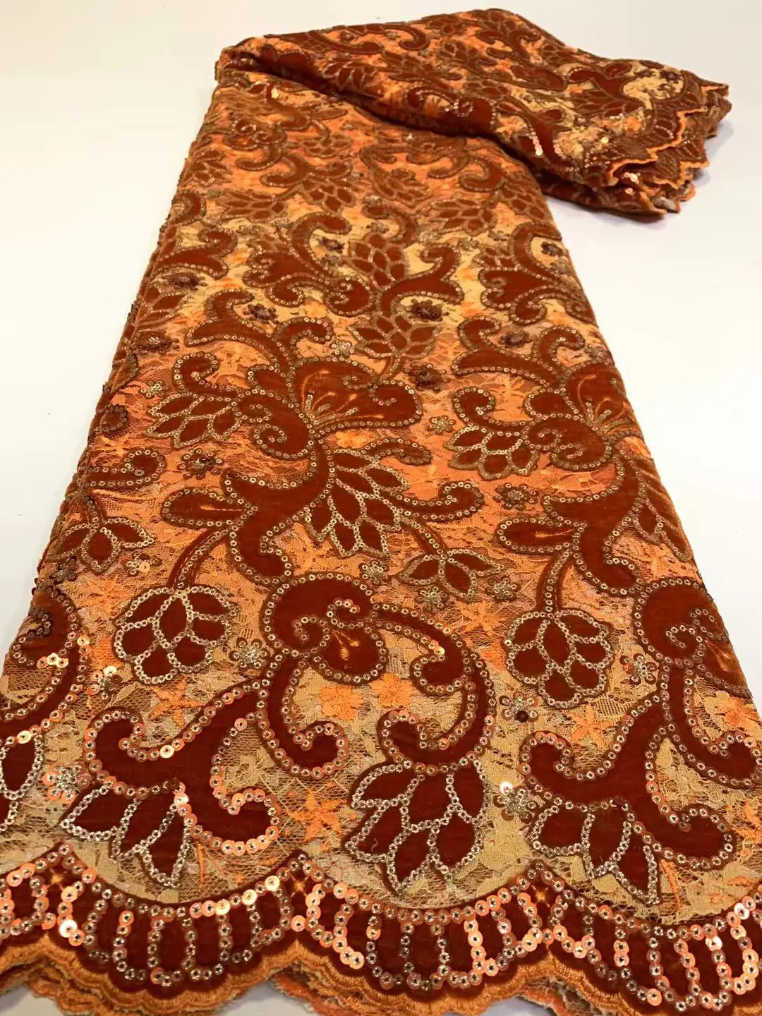 

Нигерийская оранжевая бархатная кружевная ткань, Африканское кружево, ткань 2020, Высококачественная бархатная кружевная ткань с блестками ...