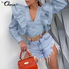 Celmia 2021 модные блузки с оборками, Женская пикантная рубашка с глубоким V-образным вырезом, Повседневная однотонная праздвечерние чная блузка, топ-туника на пуговицах