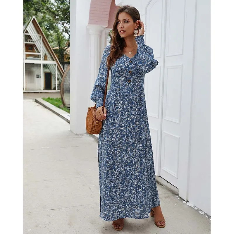 

Women Long Sleeve V-neck Floral Dress Autumn Printed Cotton Sexy Split Long Dresses WL191
