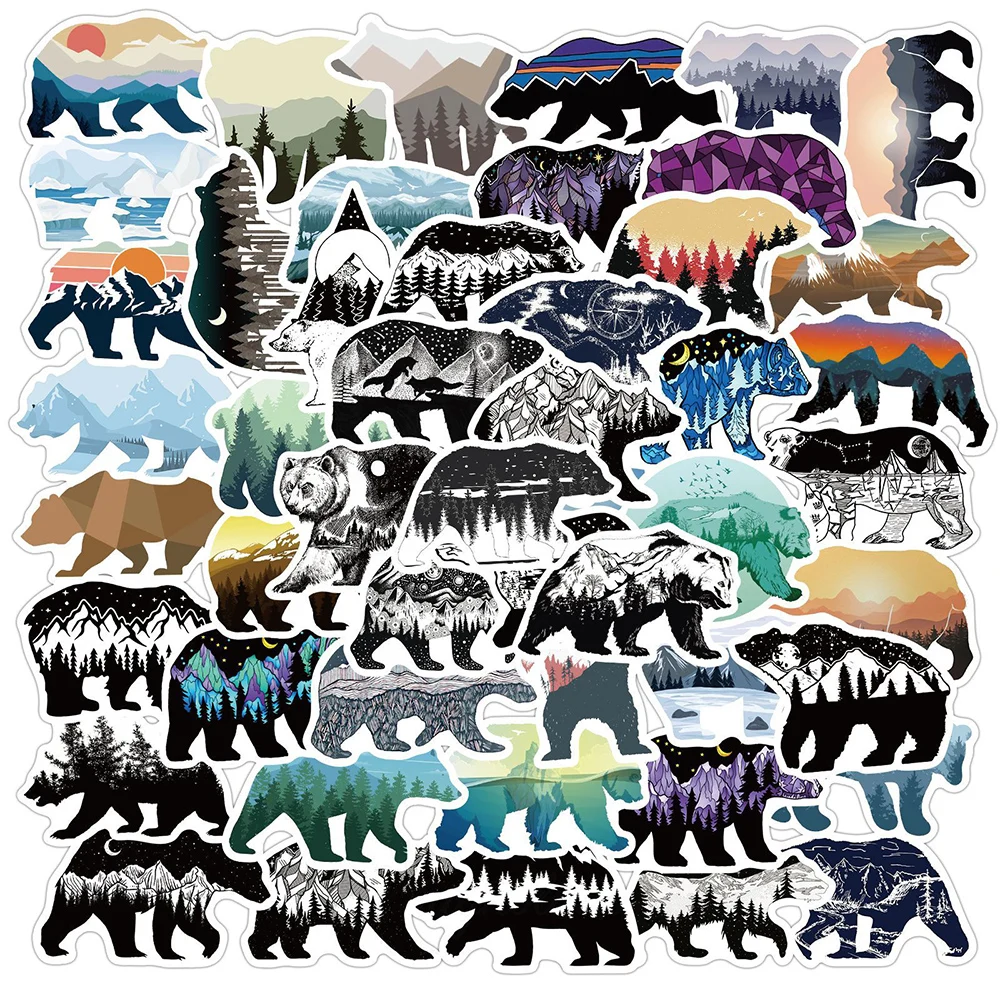 

10/50PCS Grizzly Bear Scenery Stickers Outdoor Camping Forest Bears Animal Sticker Gift for Laptop Phone Guitar Bike Motorcycle
