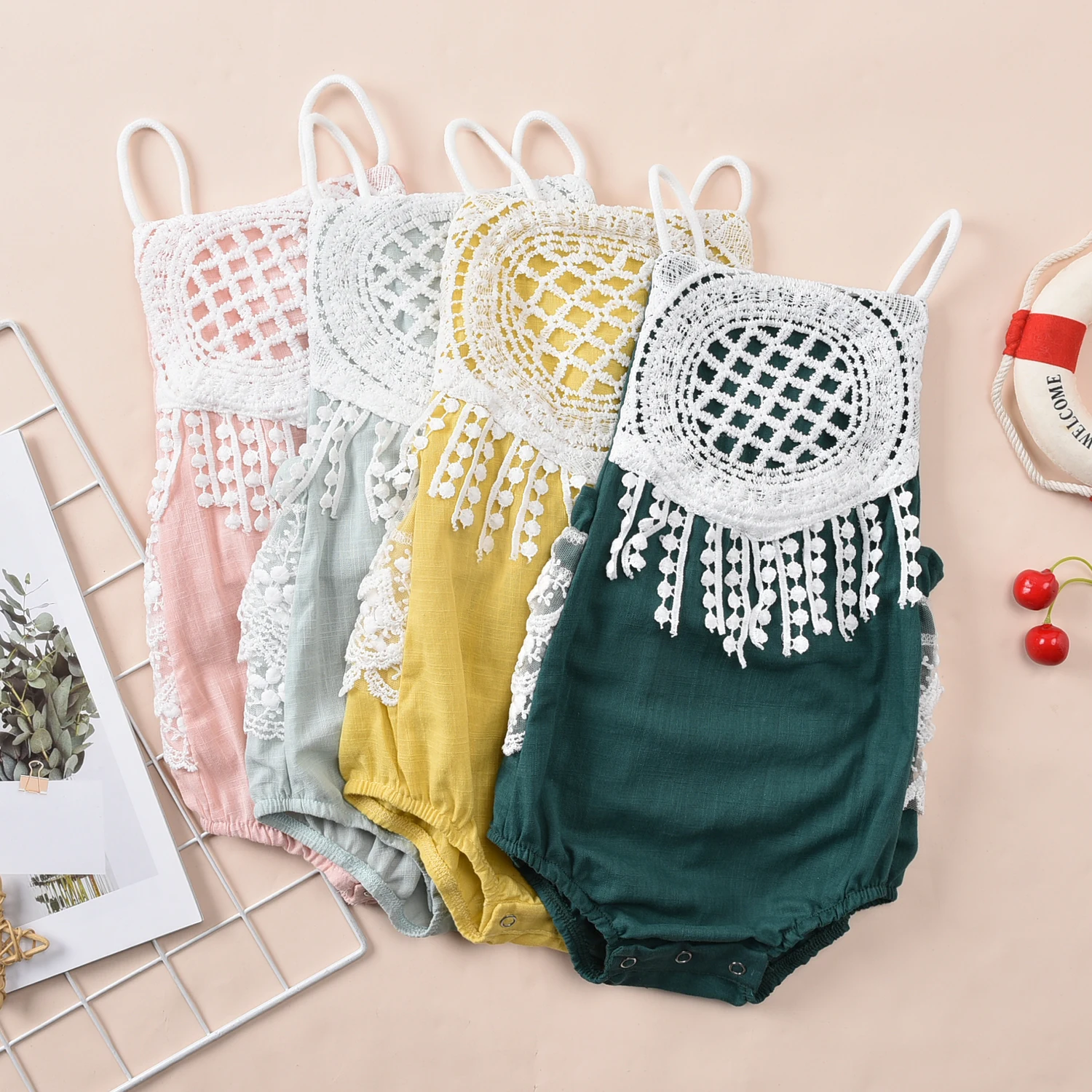 

Baby's Lace Pattern Jumpsuit Toddler Baby Girl Solid Color Square Neck Sling and Short Pants Romper One-Piece Outfit Sunsuit