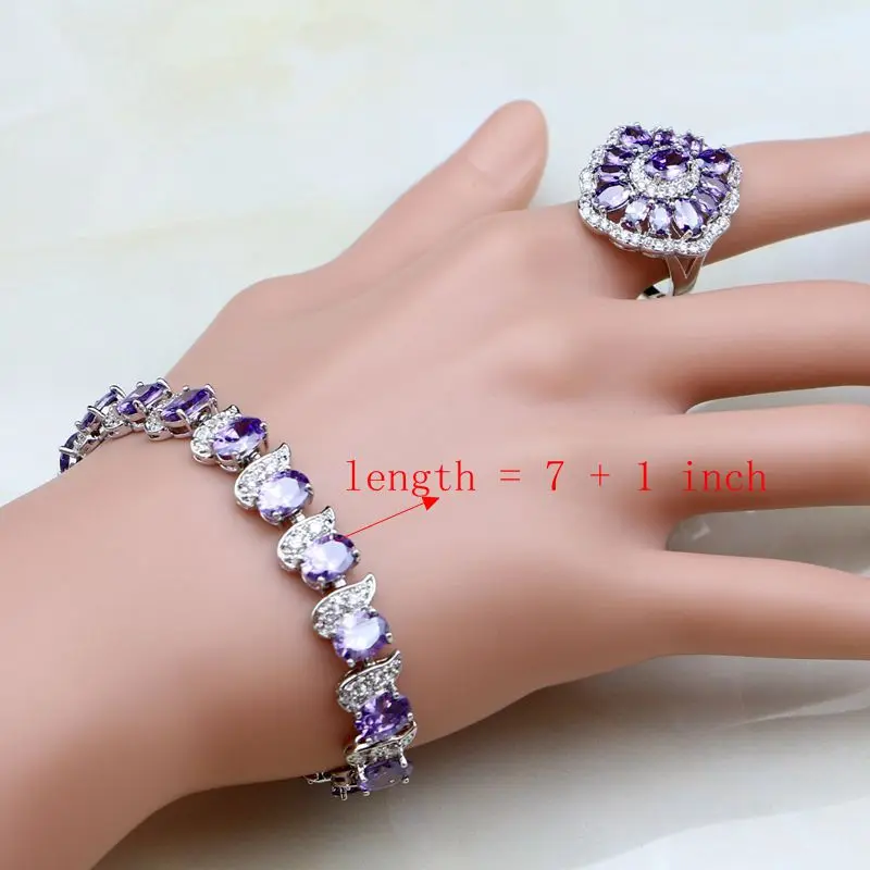 925 Серебряные свадебные украшения с фиолетовыми кубическим цирконием и белыми цирконами для женщин Свадебные серьги/подвеска/кольцо/браслет/ожерелье.