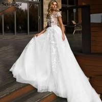 sevintage a line short sleeve wedding dresses boho backless long wedding gowns button plus size bride dress with tail mariage