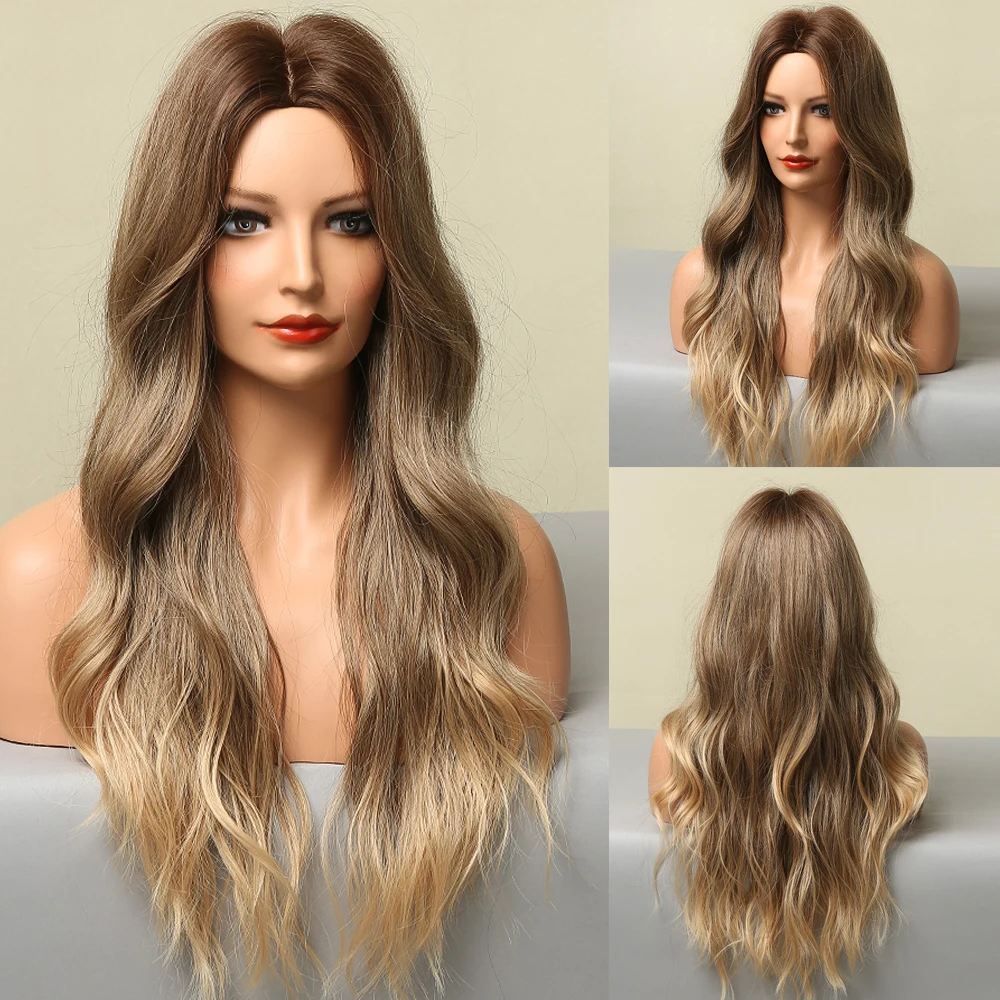 

ALAN EATON Middle Part Long Wavy Synthetic Wigs for Women Ombre Brown Blonde Golden Cosplay Daily Hair Wigs Heat Resistant Fibre
