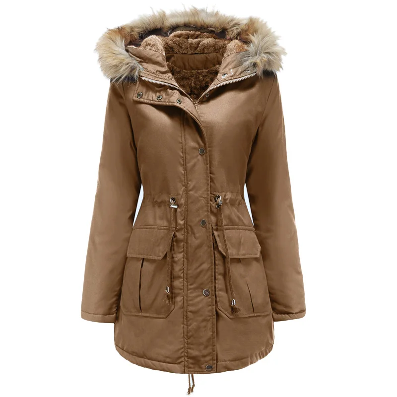 New Women's Down Jacket Women Medium Long Hooded Coat Female Casual Pocket Thick Solid Fox Fur Collar Winter Women's Coat