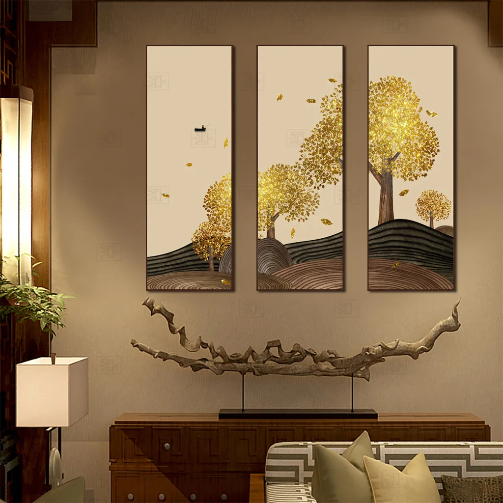 

Nordic Abstract Modern Color Poster Artistic Golden Fortune Tree Triptych Oil Painting For Living Room Bedroom Wall Decoration