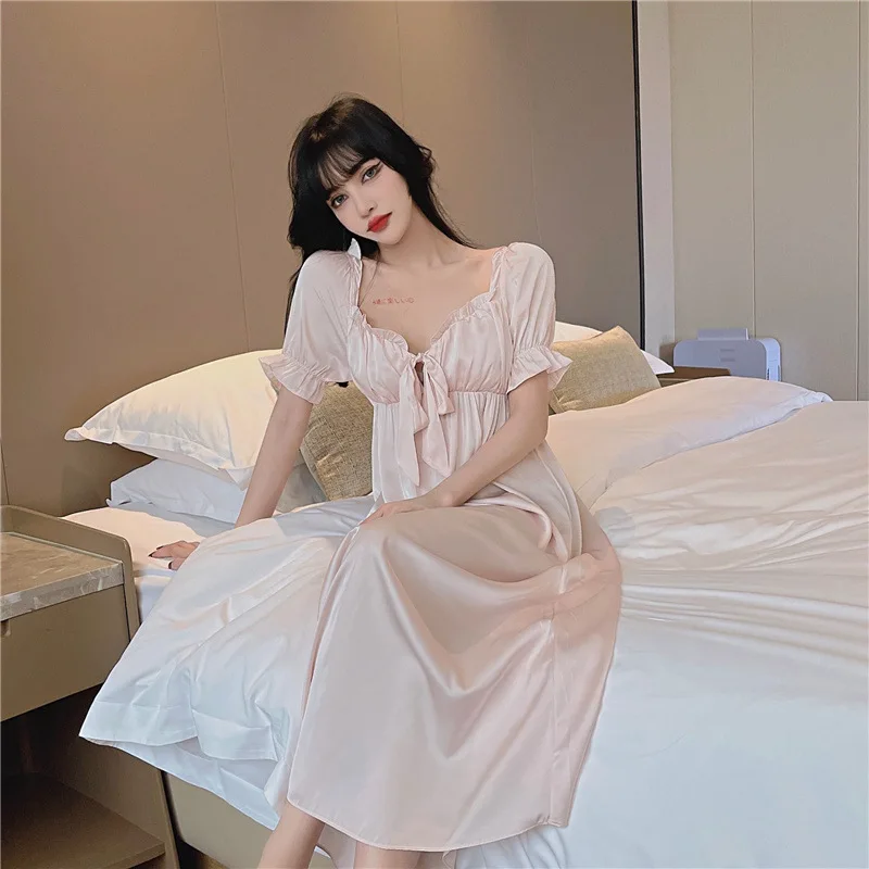 2021 New Style Nightdress Female Sexy Palace Princess Short Sleeve Long Dress French Nightgown Women's Homewear Sleepwear