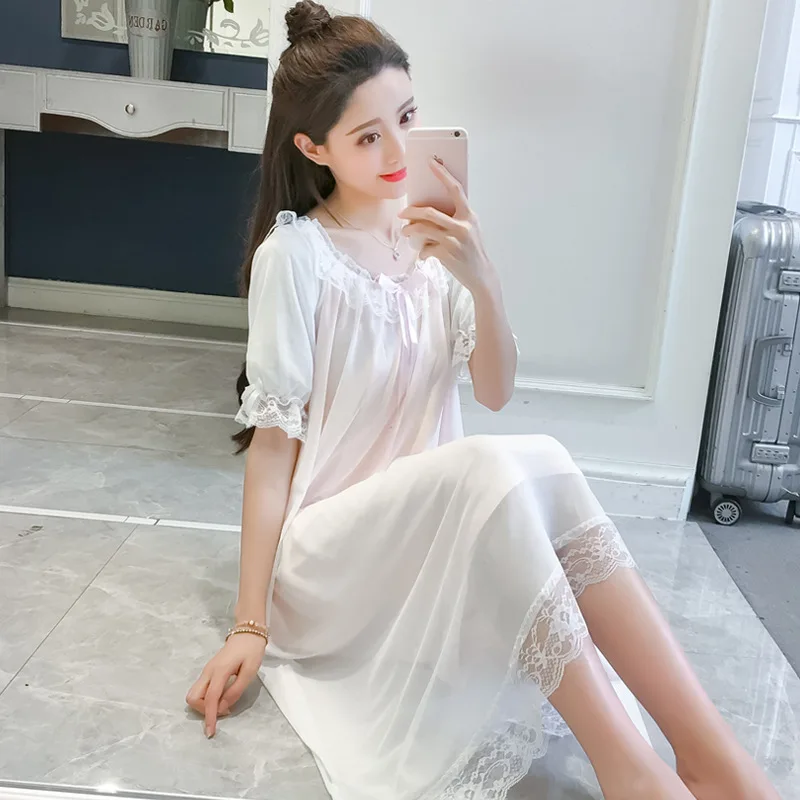 Summer Lace Nightdress Women's Thin Short Sleeve Sweet Ice Fairy Palace Style Sexy Nightgown Homewear Female Sleepwear Nightwear