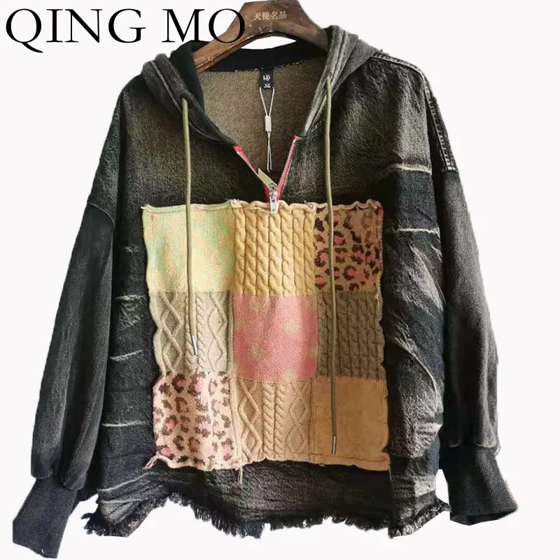 

QING MO 2021 Autumn New Women Clothing Retro Knitted Patchwork Denim Sweatshirt Loose Hooded Denim Sweatshirt TT182Q