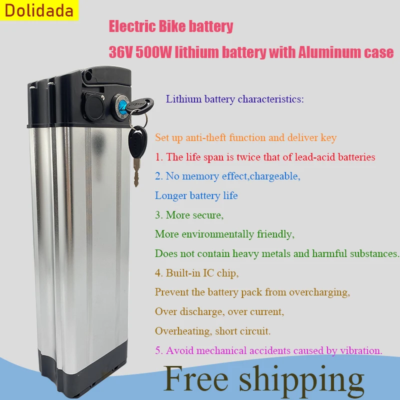 

Dolidada New 36V 20ah 30ah 40ah 50ah 60ah Silver fish style Electric Bike battery 36V 500W lithium battery with Aluminum case