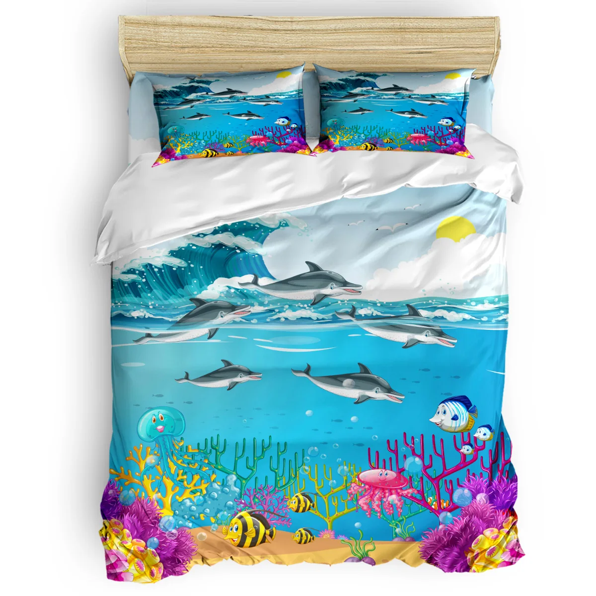 

Cartoon Ocean Dolphin Fish Waves Duvet Cover Set 2/3/4pcs Bedding Set Bed Sheet Pillowcases Cover Set