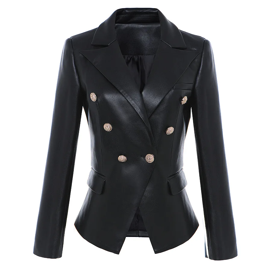 

New High Quality Synthetic Leather Lion Head Double Breasted Slim Fitting Suit Leather Coat in Autumn and Winter