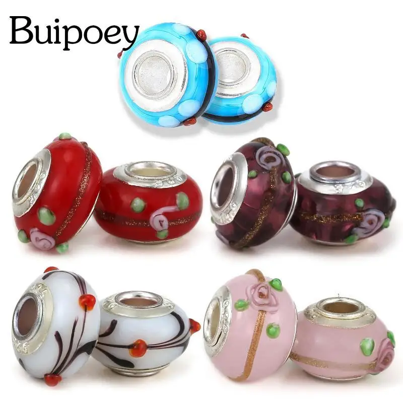 

Buipoey 2pcs/lot Quality Colored 3D Flower Glass Bead Big Hole Straight Beaded Diy Bracelet Bangle Jewelry Making Accessory