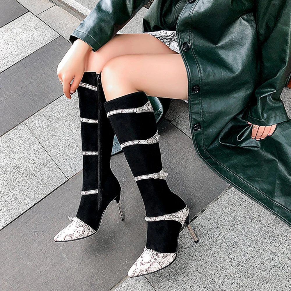 Замшевые пикантные сапоги на шпильках со змеиным принтом Женские зимние из