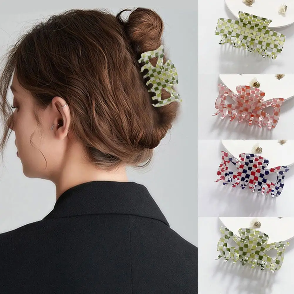 

Acetate Grabbing Clip Hair Grabbing Clip New Fluorescent Contrast Color Plaid Hollow Large Girl Hair Accessories
