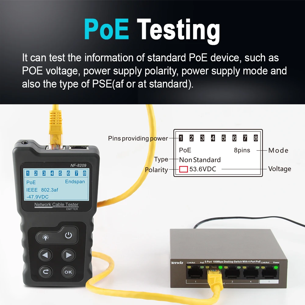 

Multi-functional LCD Network Cable Tester Wire Tracker PoE Checker Inline PoE Voltage and Current Tester with Cable Tester