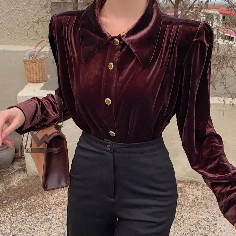 

Women Autumn Retro Single-breasted Velvet T-Shirt Long Sleeve Elegant Slim Waist Tops Fashion Femme Streetwear Polo Blouse