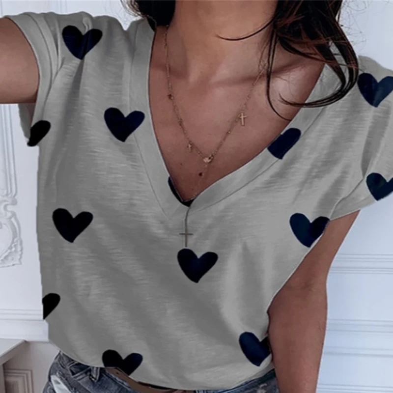 Женская футболка в форме сердца с V образным вырезом летняя женская коротким