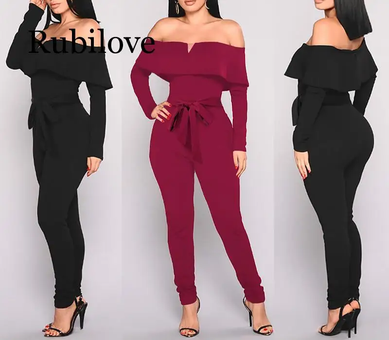 

Женский сексуальный комбинезон с v-образным вырезом, лямки с оборками, однотонный Модный комбинезон с длинными рукавами, вечерние Осенние К...