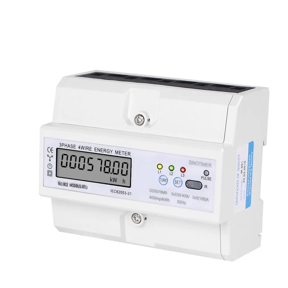 

SINOTIMER DDS578MR RS485 220/380V 5-100A 3 Phase 4 Wire DIN Rail Digital Energy Meter With Voltage Current Frequency Display