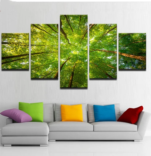 

Home Decor Canvas Pictures Framework Hd Prints Poster 5 Pieces Green Sunshine Woods Trees Paintings Modular Living Room Wall Art