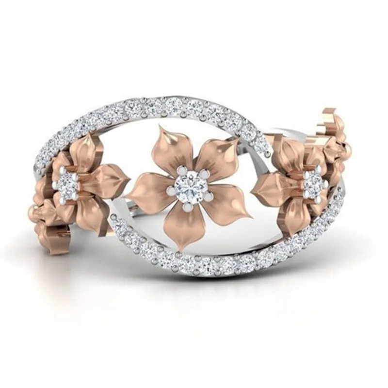 

Exquisite Female Zircon Finger Ring Luxury Two Tone Rose Gold Flower Crystal Elegant Engagement Ring Jewelry