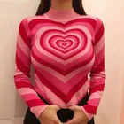 Женский вязаный свитер в полоску, розовый облегающий пуловер в стиле ретро с высоким воротом и сердечками, Y2K, для осени