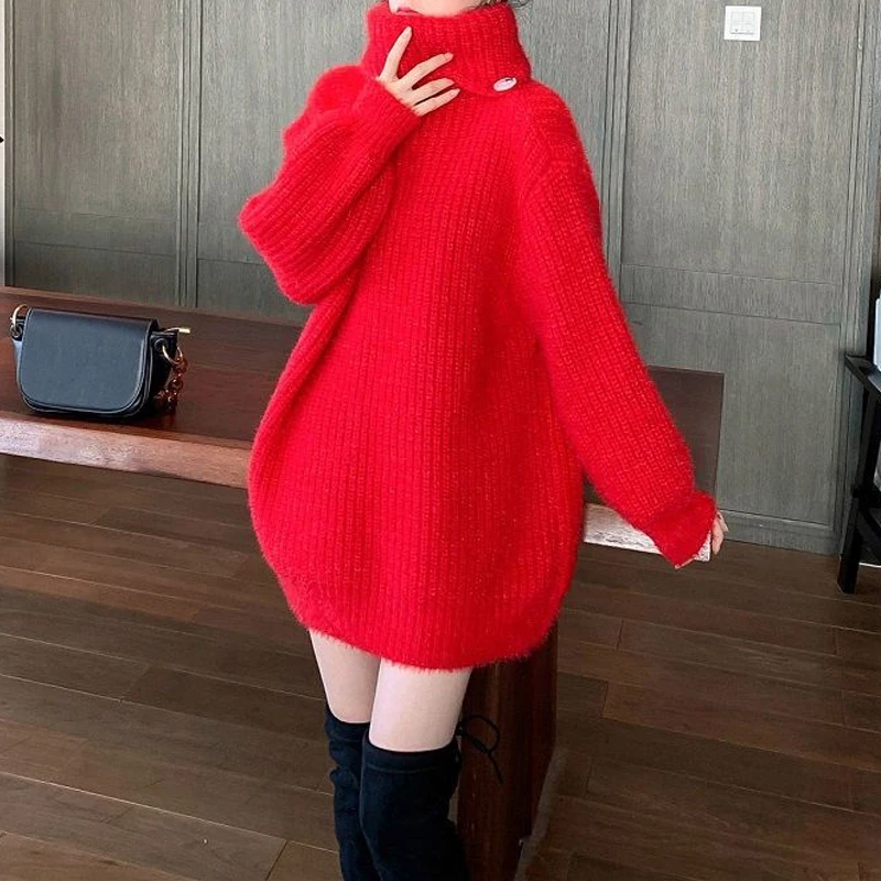 

Свитера осень-зима женские ботфорты с высоким, плотно облегающим шею воротником толстый вязаный красный свитер женский с длинным рукавом П...