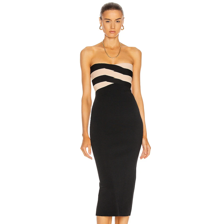 

Adyce New Summer Women Strapless Black Bandage Dress 2021 Sexy Sleeveless Striped Celebrity Midi Night Club Evening Party Dress