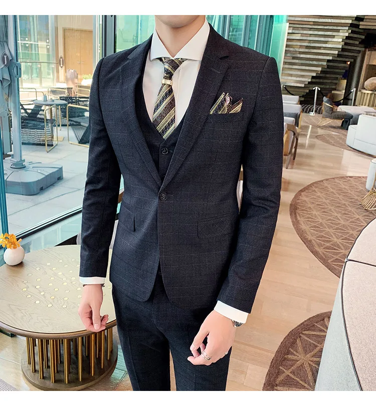 

Gentleman Trendy Man Slim Houndstooth Suit Men's Three-piece Suit Wind Slim Fashion Suit Suit for Men Jacket+Pants+Vest