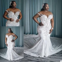 plus size wedding dresses vestido de novia african crystal gorgeous mermaid wedding dress sexy sheer neckline sweet train 2022