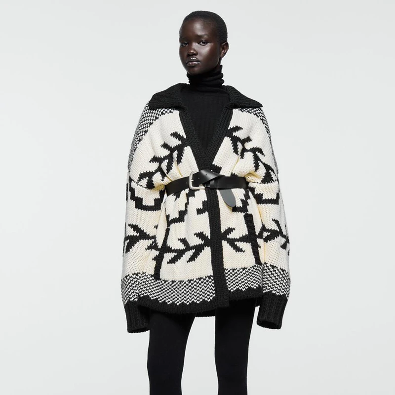 

Женский жаккардовый кардиган с лацканами, черно-белый вязаный кардиган, свободная повседневная куртка, весна 2022
