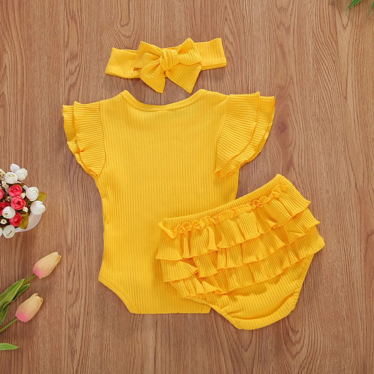 Newborn Kids Baby Girls Boys Clothes Sets 3pcs Solid Ruffles Short Sleeve Romper Tops Shorts Headband | Детская одежда и обувь