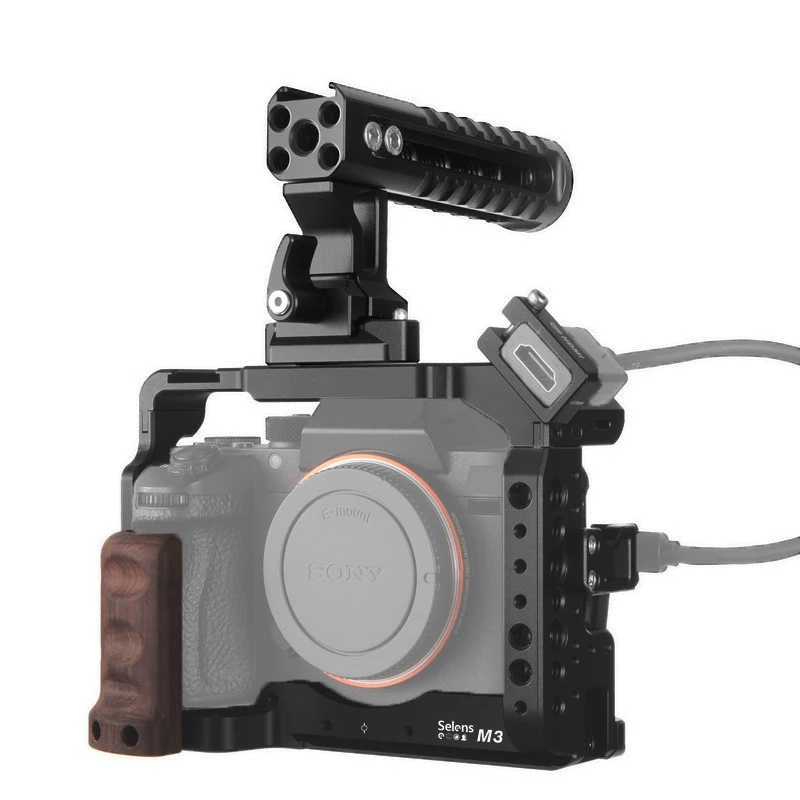 

Selens a7iii a7r3 a7m3 Camera Cage Rig For A7III A7R3 A7M3 Cold Shoe Mount with Aluminum Top Handle Grip Pearwood handle
