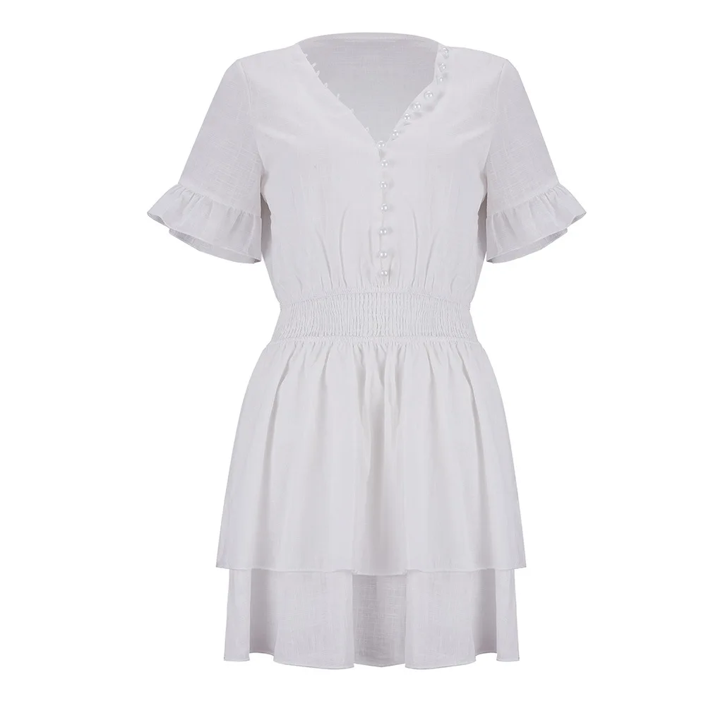 2019 сексуальное Белое платье женское с завышенной талией одноцветное глубоким