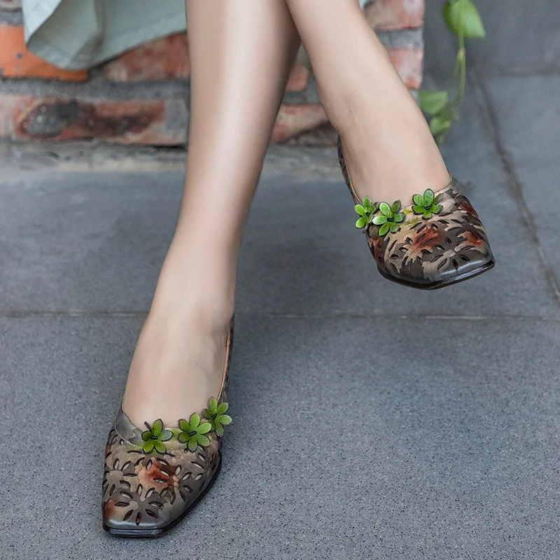 

VALLU Spring 2020 new square head leather high-heeled women's shoes hollow flowers retro spring shoes