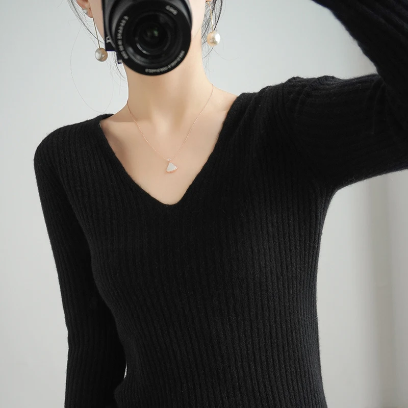 

Women's sweater 2021 winter casual V-neck pullover 100% wool knitwear long-sleeved slim ladies cashmere tops plus size sweater