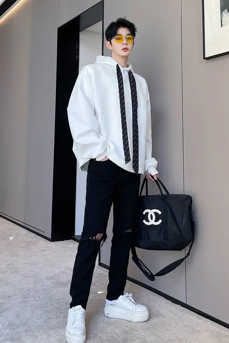 

2021 Spring And Autumn New Youth Popular Men's Loose Solid Color Tie Hooded Sweatshirt Fashion Casual Pullover Black/white