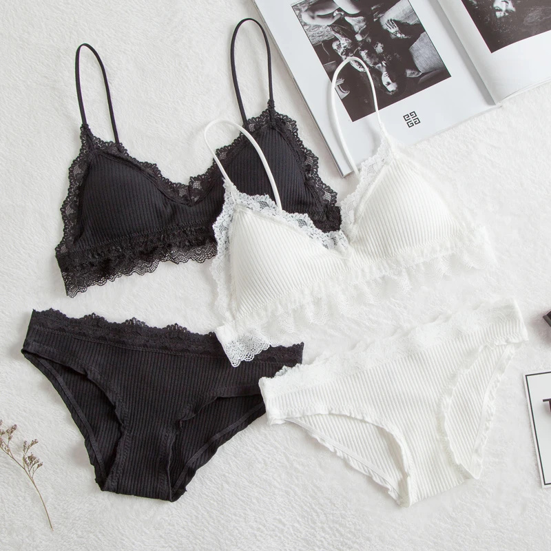 Ребристый хлопковый бюстгальтер с рюшами, сексуальный беспроводной бюстгальтер без стального бюстгальтера, трусики с низкой талией, нижнее белье для женщин, мягкое белье Lenceria
