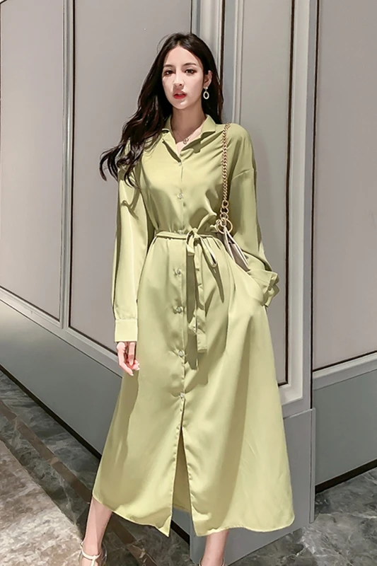 

COIGARSAM French Style Women Long dress New Vintage High Waist Dresses Fruit Green 3567