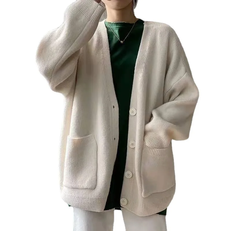 

Fashion lazy knitted V-neck sweater women's Cardigans jacket 2021 spring autumn new thick loose knit solid color pocket cardigan