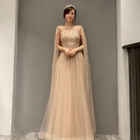 heavy beaded long cap sleeve a line empire sequins delicate nude tulles mother of the bride groom wedding prom gowns with cloak