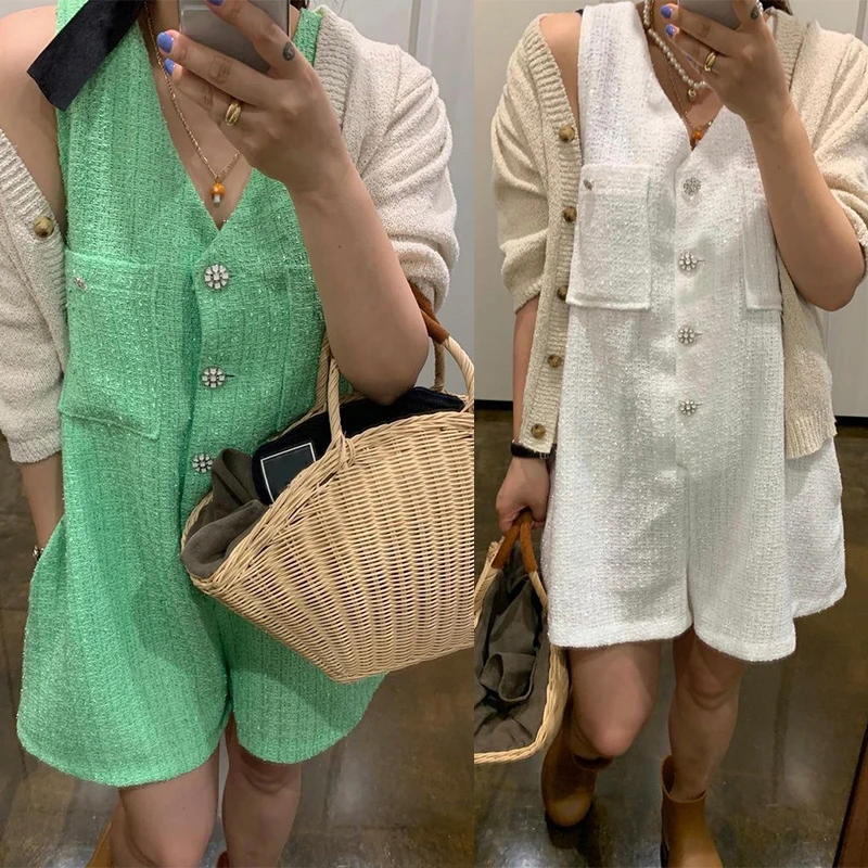 

Kimotimo Jumpsuit Woman Korean Chic Summer French V-neck Chic Single-breasted Pocket Design Tweed Vest Casual Bodysuit Shorts
